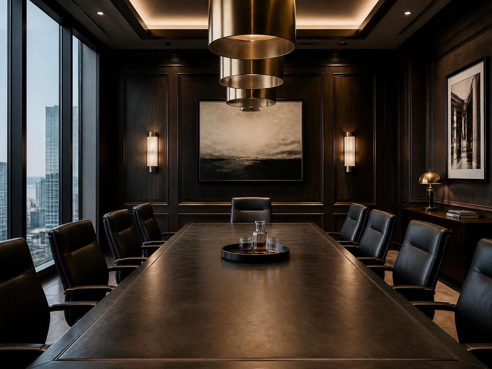 Boardroom with dark oak paneling and brass pendants