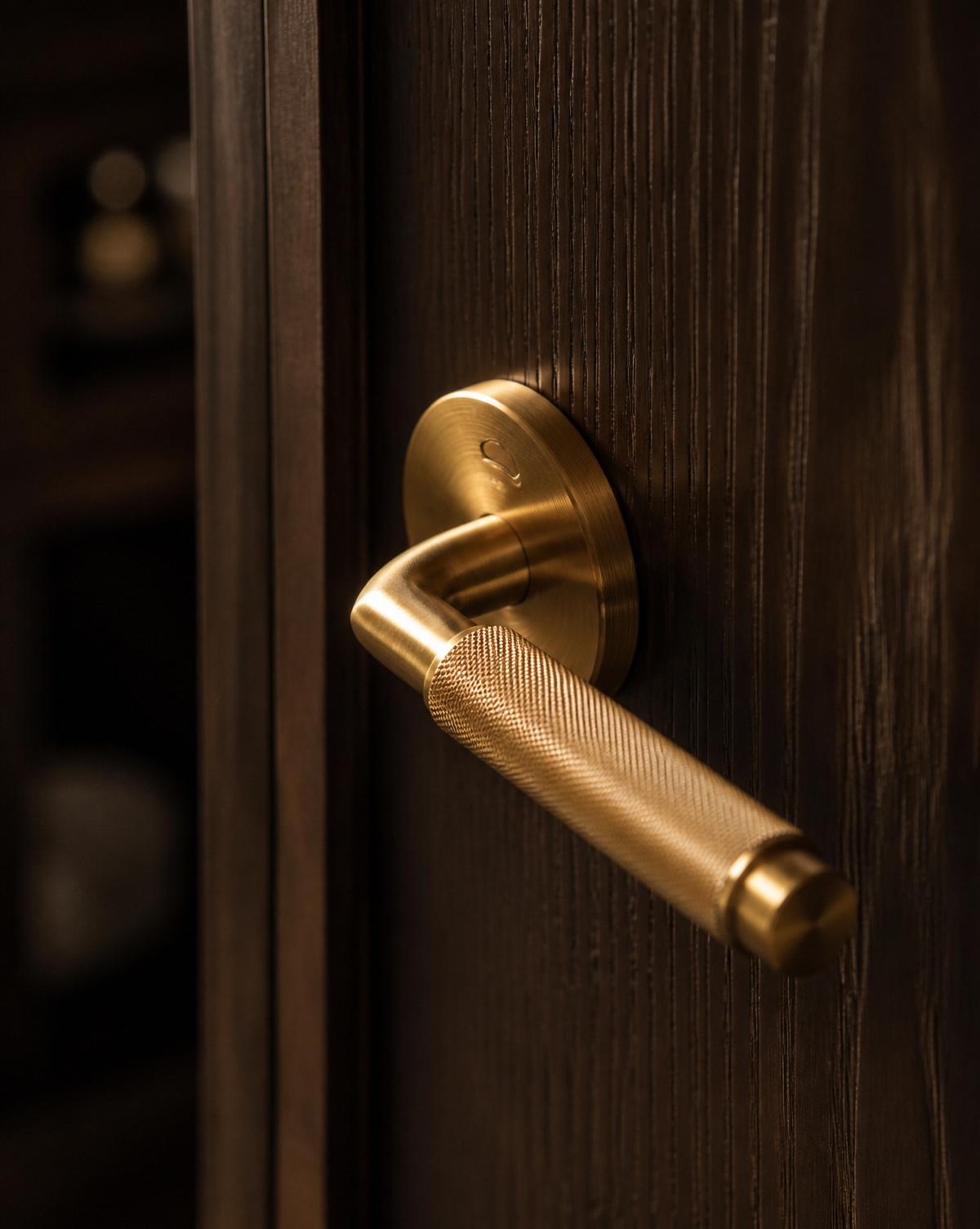 Brushed brass door hardware on dark oak