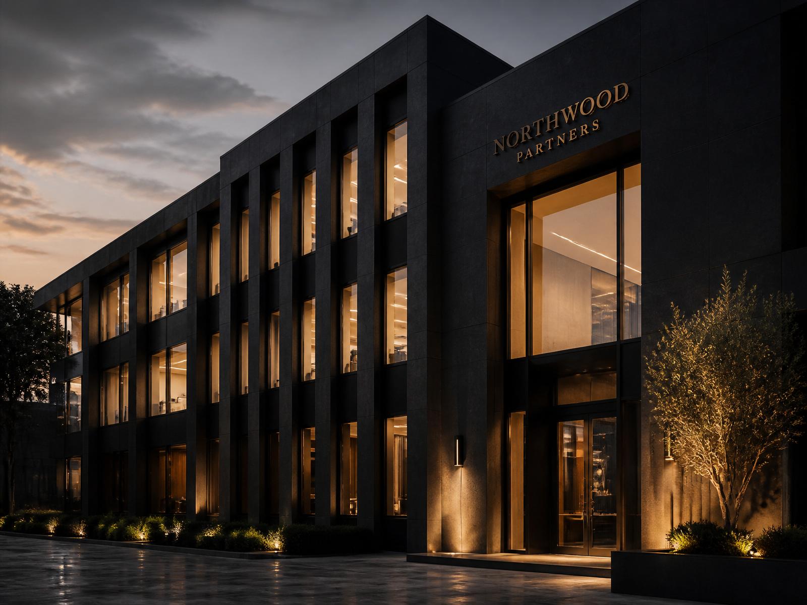 Building exterior at dusk with warm interior light