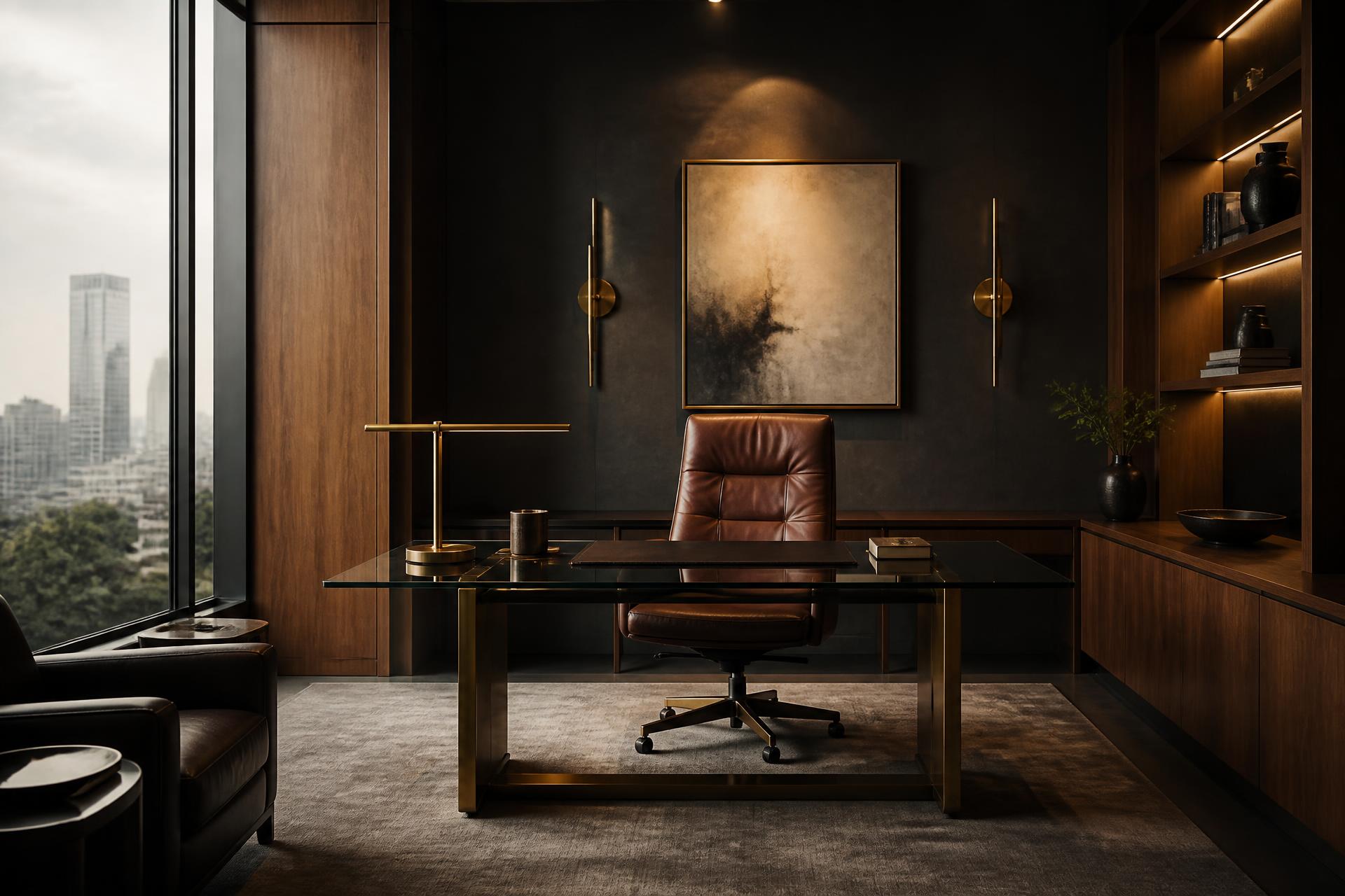 Private executive office with warm oak, brushed brass, and dramatic natural light