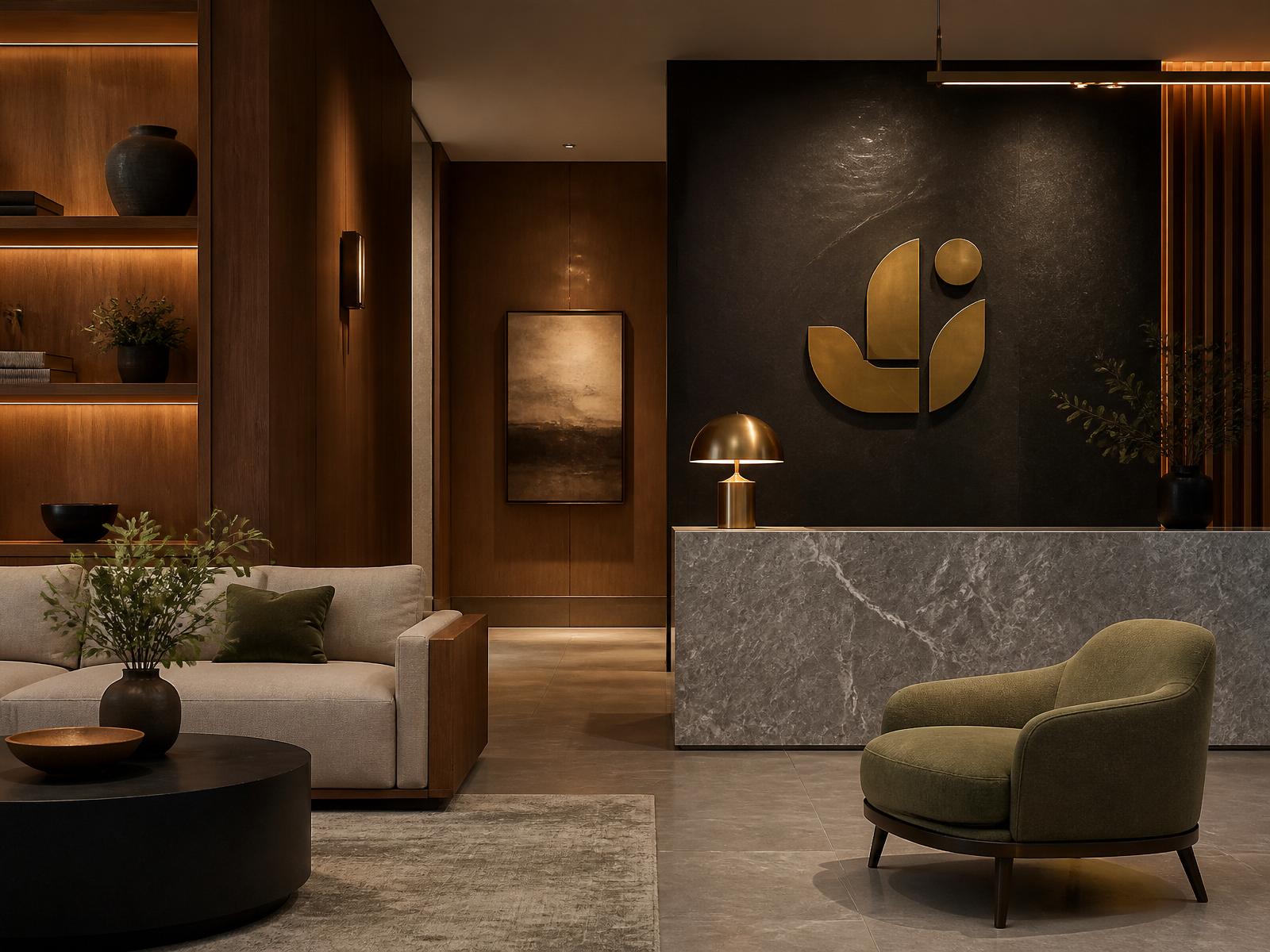Lobby with brass logo, marble reception and warm oak millwork