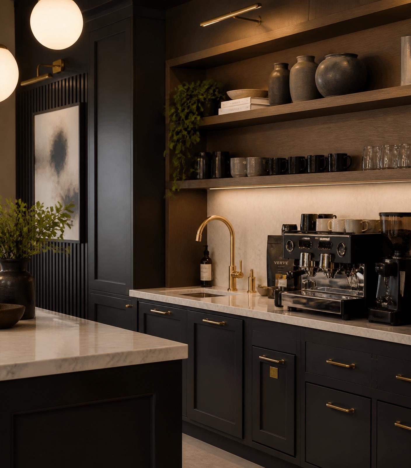 Coffee lounge with brushed brass fixtures and dark cabinetry