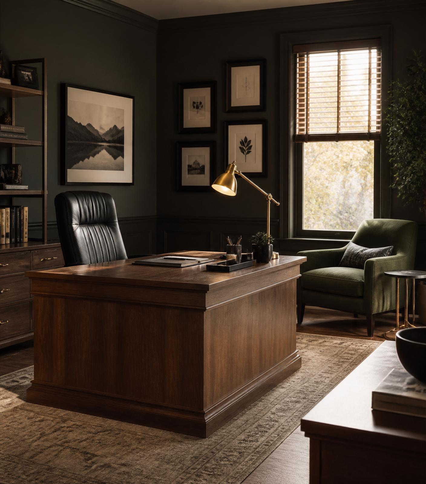 Private executive office with oak desk and sage lounge chair